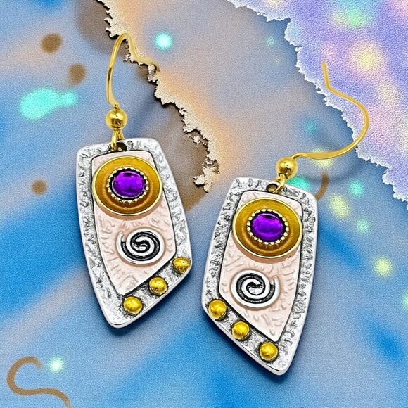 🆕️Bohemian Glam - Purple Gem & Spirals Dangle Trendy Fashion Earrings 🌈🌟 - Picture 12 of 12